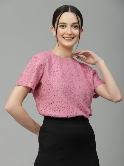 Style Quotient Women Pink Self Design Cotton Lace Regular Smart Top