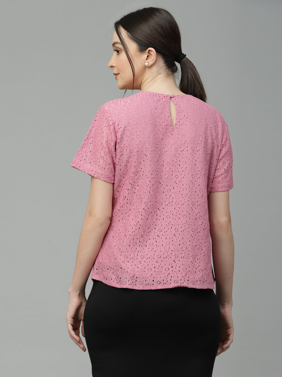 Style Quotient Women Pink Self Design Cotton Lace Regular Smart Top