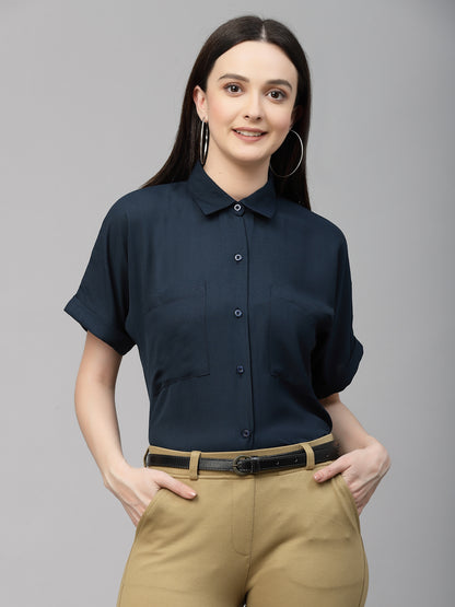 Style Quotient Women Solid Navy Smart Casual Shirt