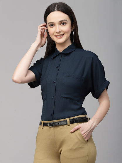 Style Quotient Women Solid Navy Smart Casual Shirt