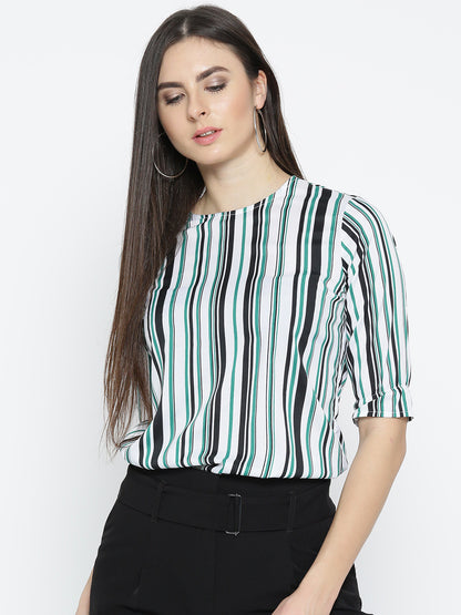 Style Quotient Women White And Multi Stripe Printed Polyester Smart Casual Top