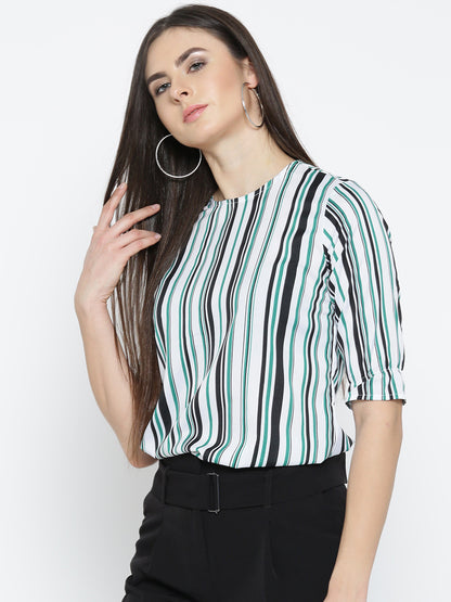 Style Quotient Women White And Multi Stripe Printed Polyester Smart Casual Top