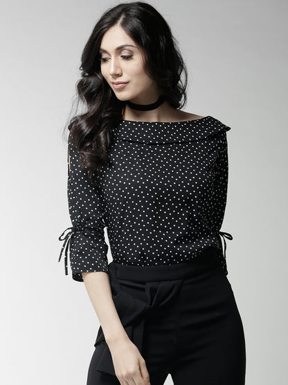 Style Quotient Women Black and White Polka Printed Poly Crepe Smart Top