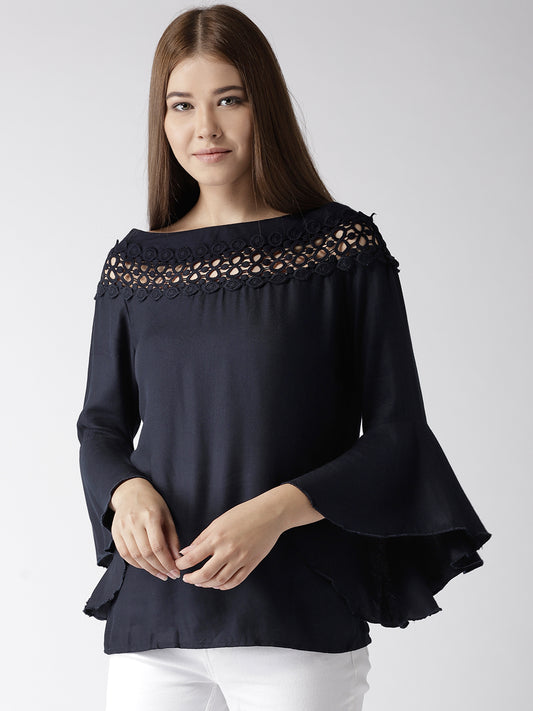 Style Quotient Women Solid Navy Viscose Rayon Smart Casual Top