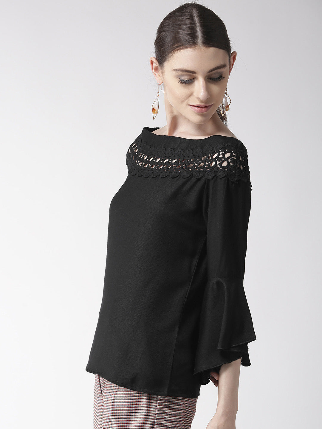 Style Quotient Women Solid Black Viscose Rayon Smart Top