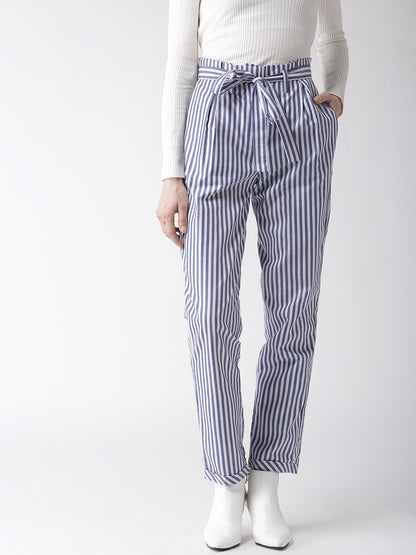 Style Quotient Women White & Blue Tailored Slim Fit Striped Trousers