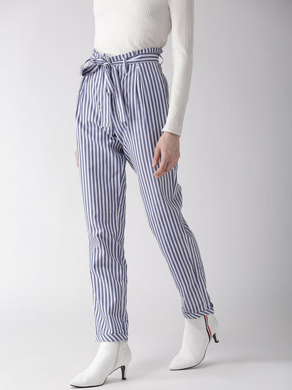 Style Quotient Women White & Blue Tailored Slim Fit Striped Trousers