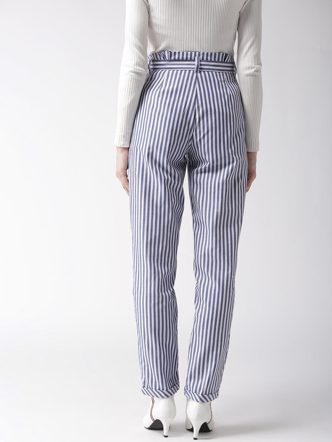 Style Quotient Women White & Blue Tailored Slim Fit Striped Trousers