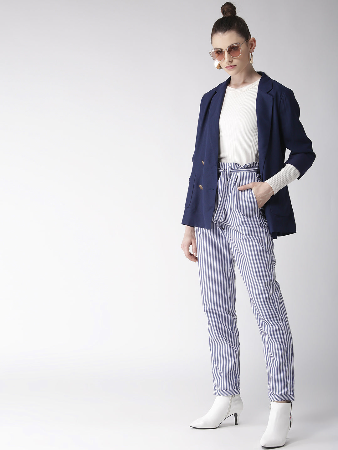 Style Quotient Women White & Blue Tailored Slim Fit Striped Trousers