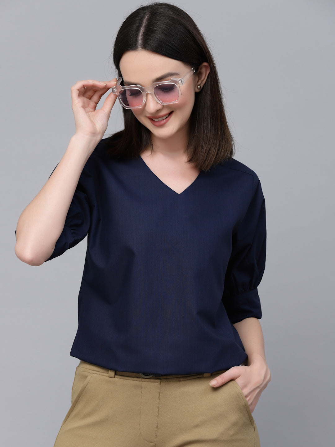 Style Quotient Women Solid Navy Cotton Smart Casual Top