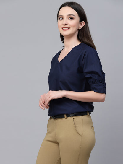 Style Quotient Women Solid Navy Cotton Smart Casual Top