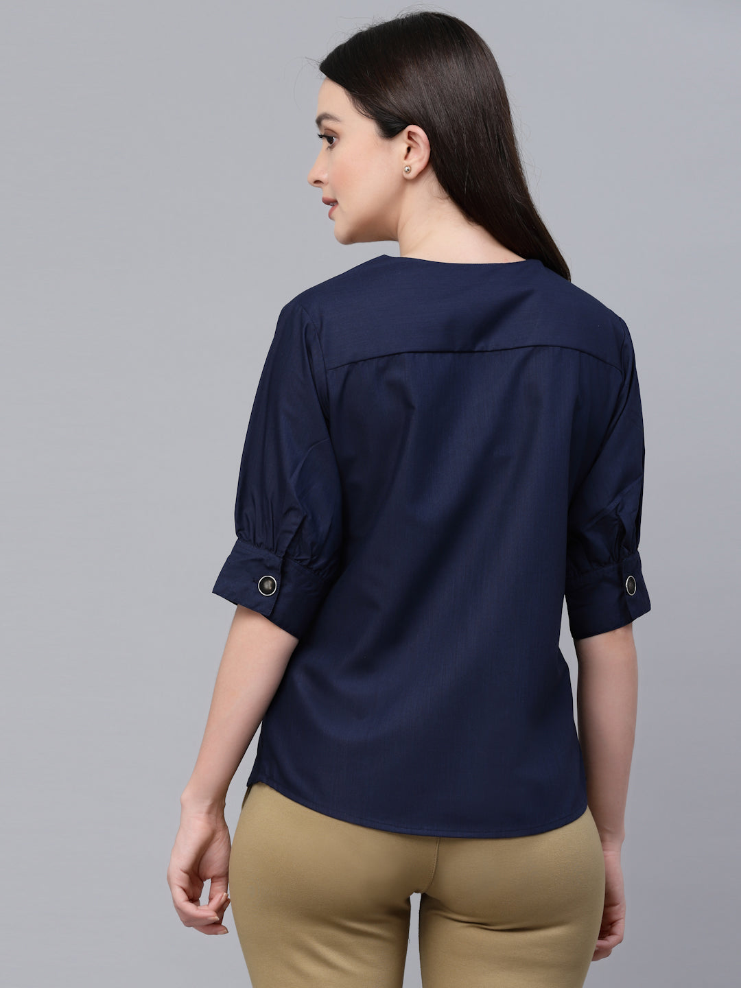 Style Quotient Women Solid Navy Cotton Smart Casual Top