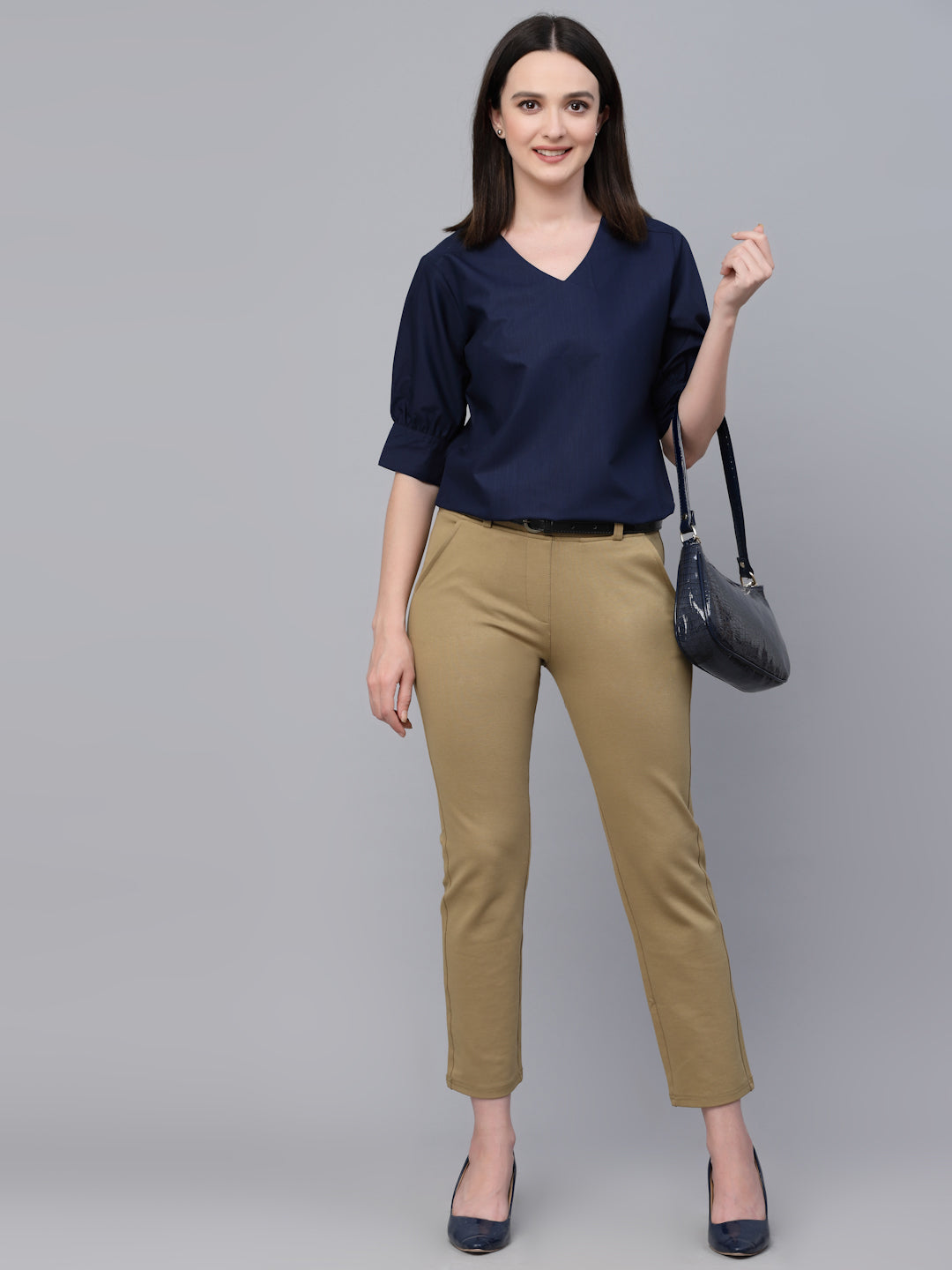 Style Quotient Women Solid Navy Cotton Smart Casual Top