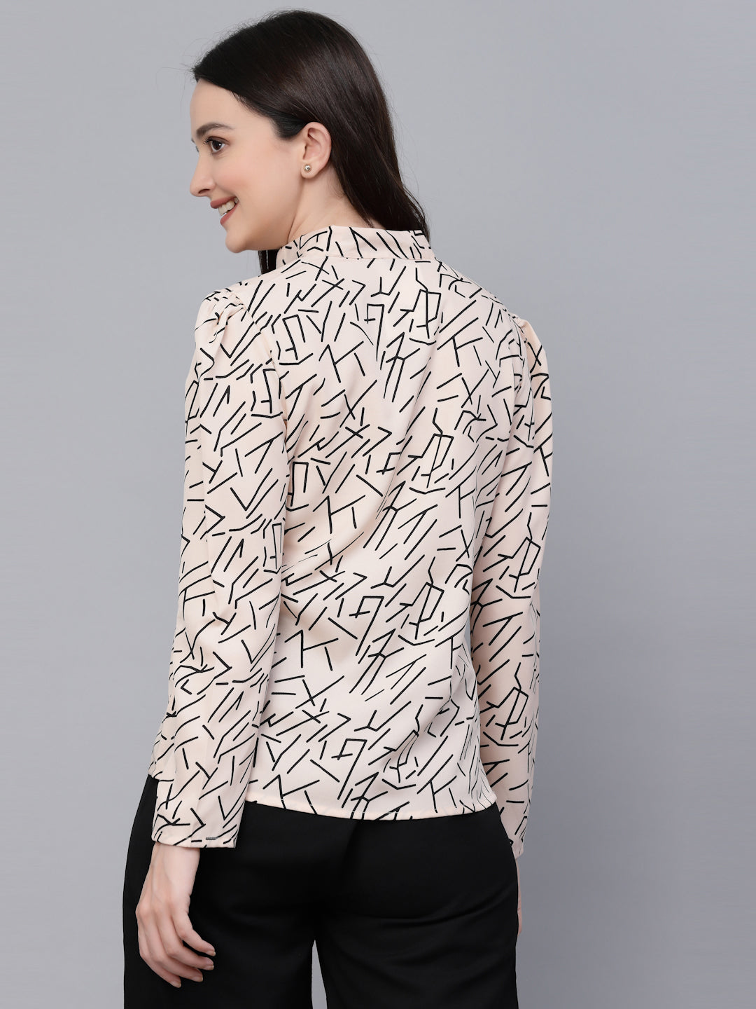 Style Quotient Women Beige and Black Abstract Print Polyester Smart Casual Top