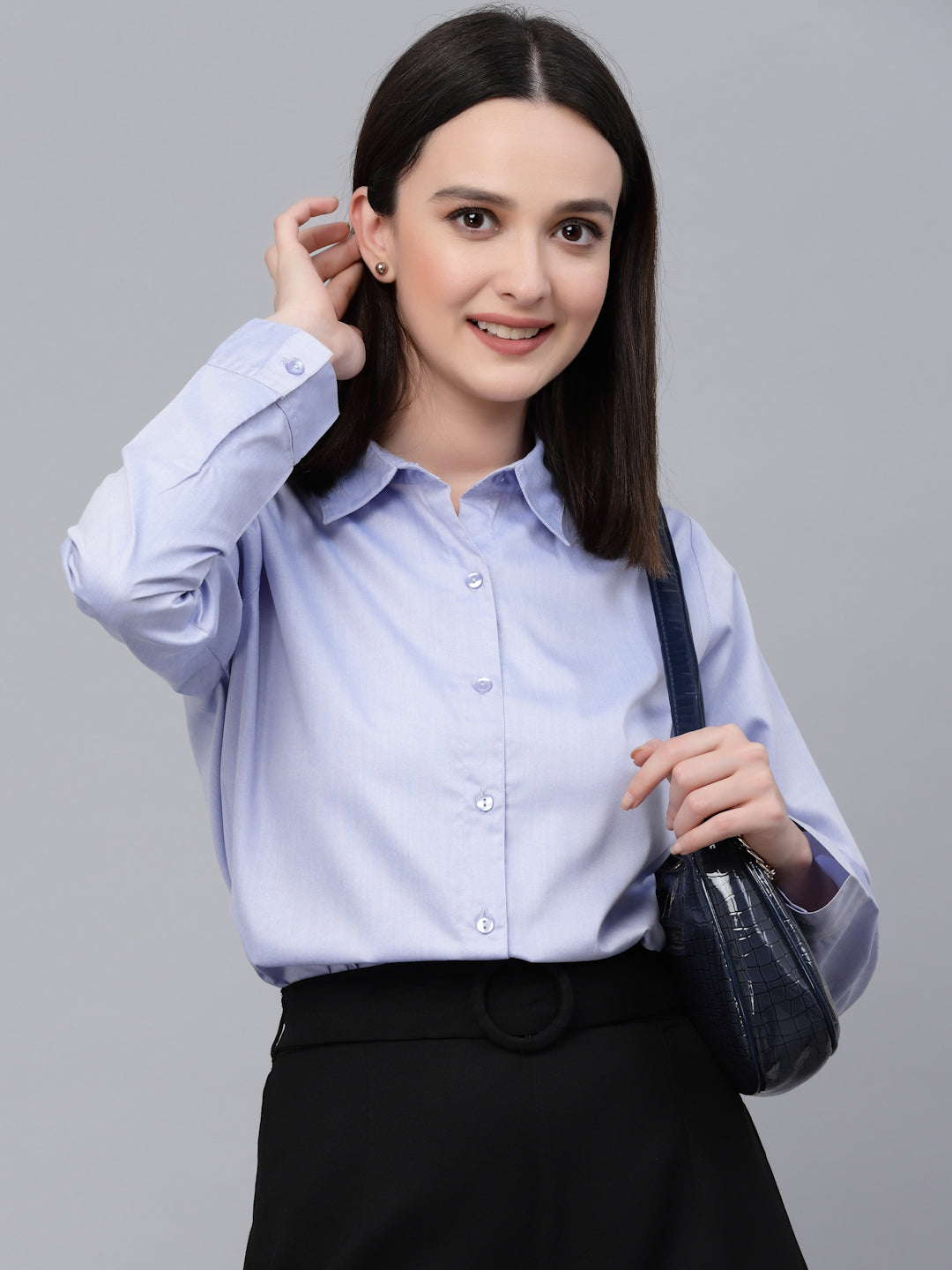 Style Quotient Women Solid Blue Chambray Formal Shirt