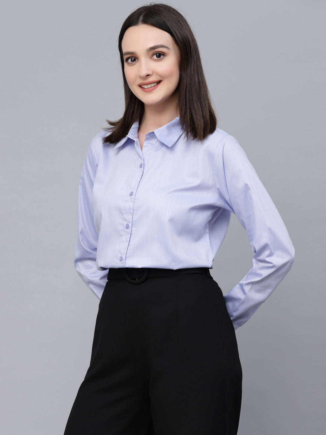 Style Quotient Women Solid Blue Chambray Formal Shirt