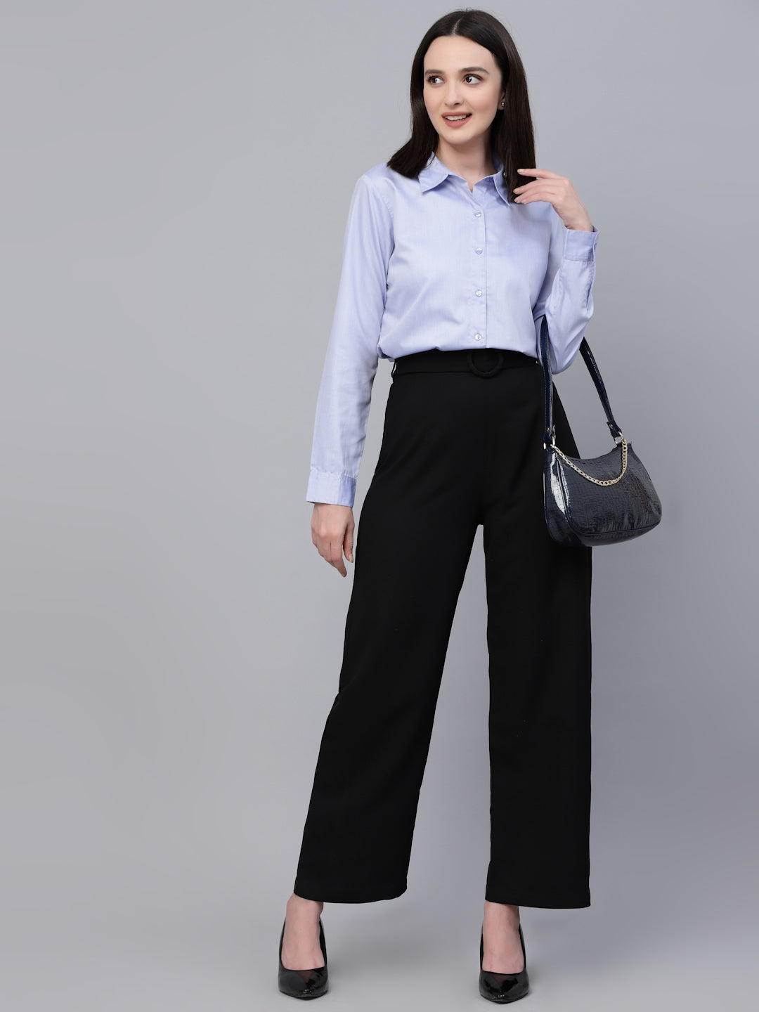 Style Quotient Women Solid Blue Chambray Formal Shirt