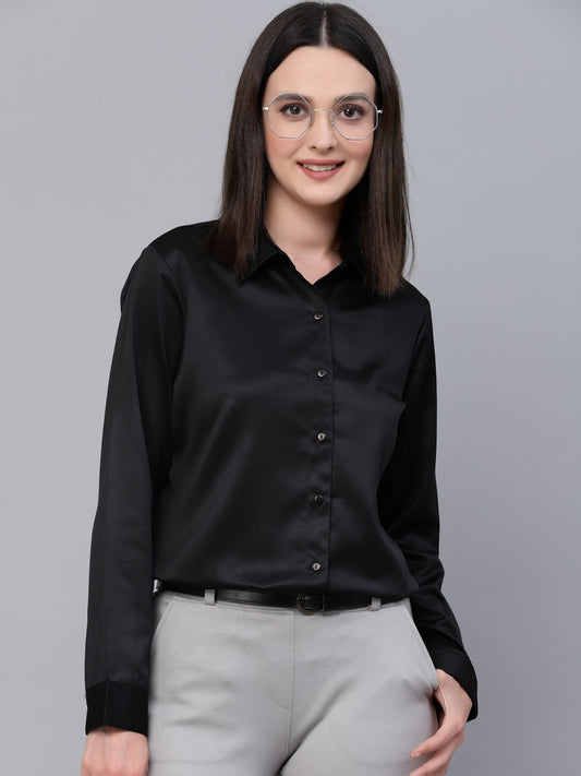 Style Quotient Women Solid Black Satin Formal Shirt