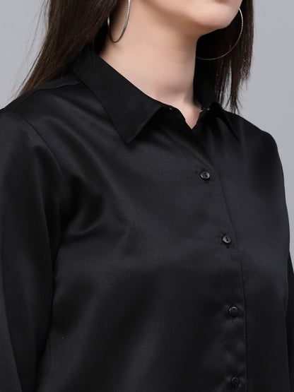 Style Quotient Women Solid Black Satin Formal Shirt