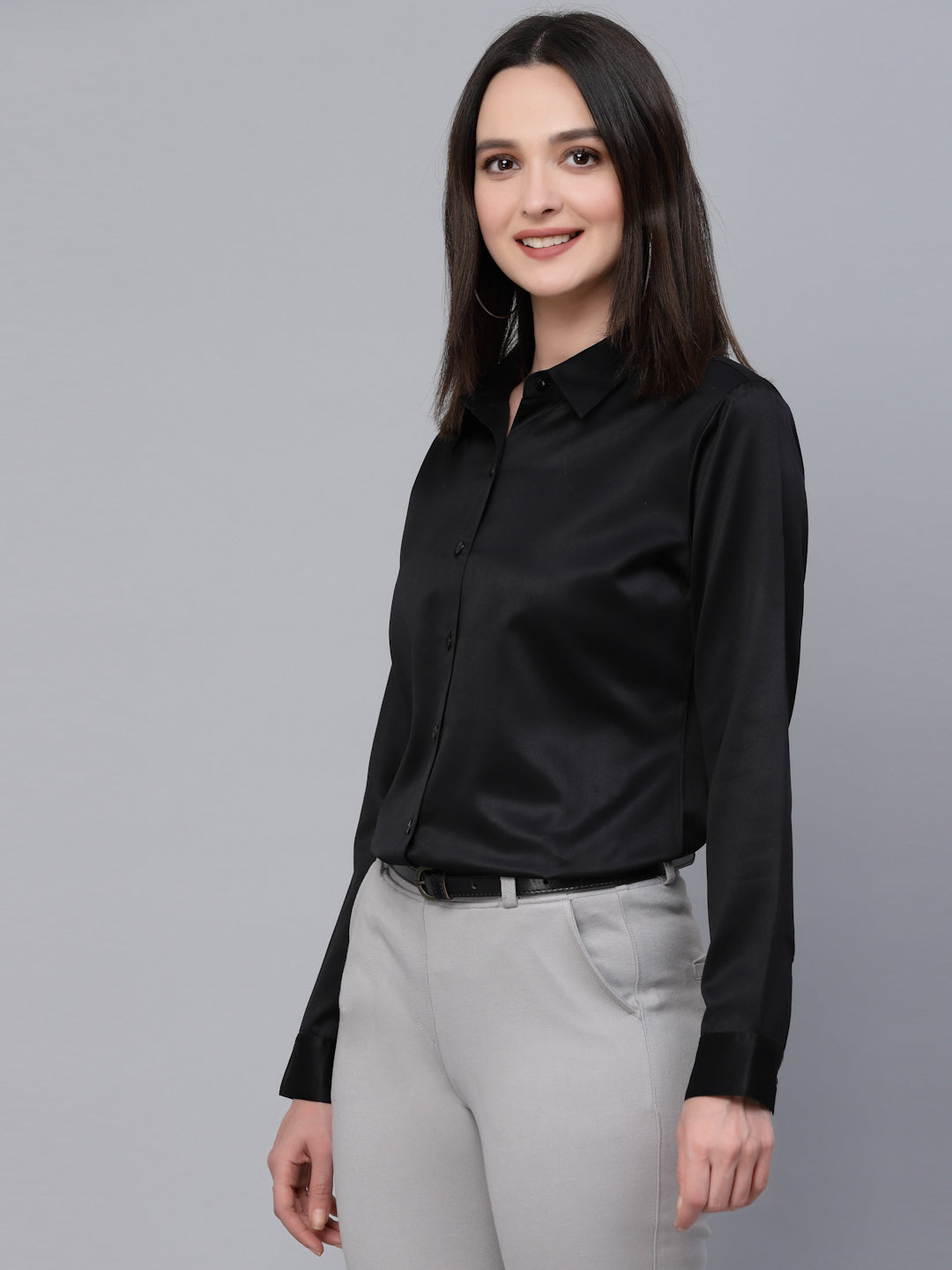 Style Quotient Women Solid Black Satin Formal Shirt