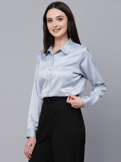 Style Quotient Women Solid Light Grey Satin Formal Shirt