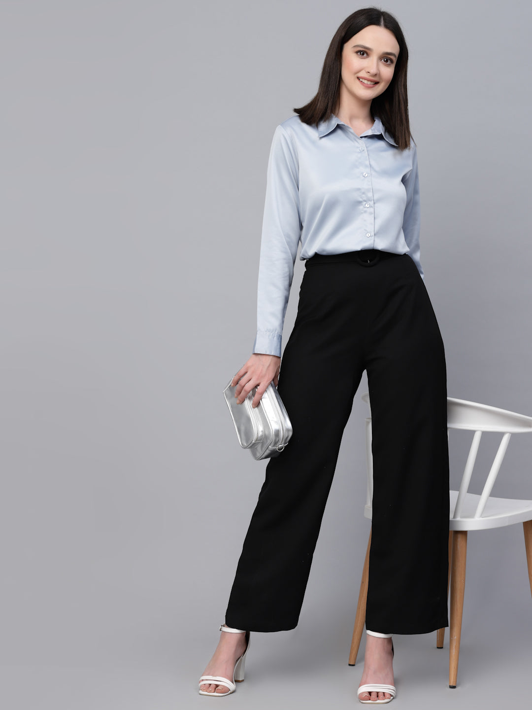 Style Quotient Women Solid Light Grey Satin Formal Shirt