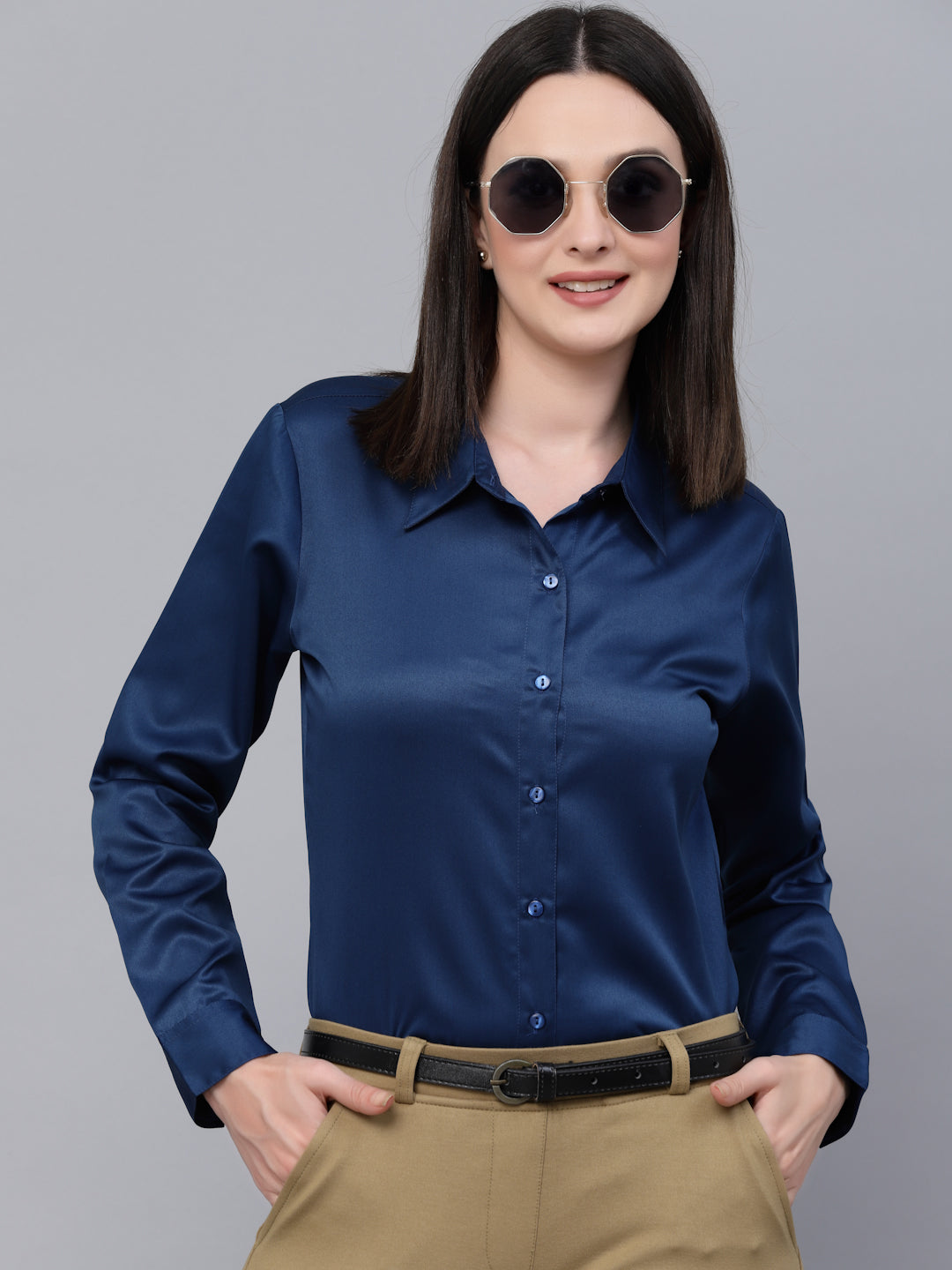 Style Quotient Women Solid Petrol Satin Formal Shirt