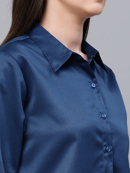 Style Quotient Women Solid Petrol Satin Formal Shirt