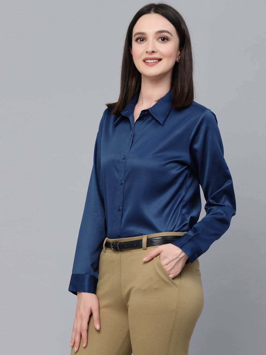 Style Quotient Women Solid Petrol Satin Formal Shirt