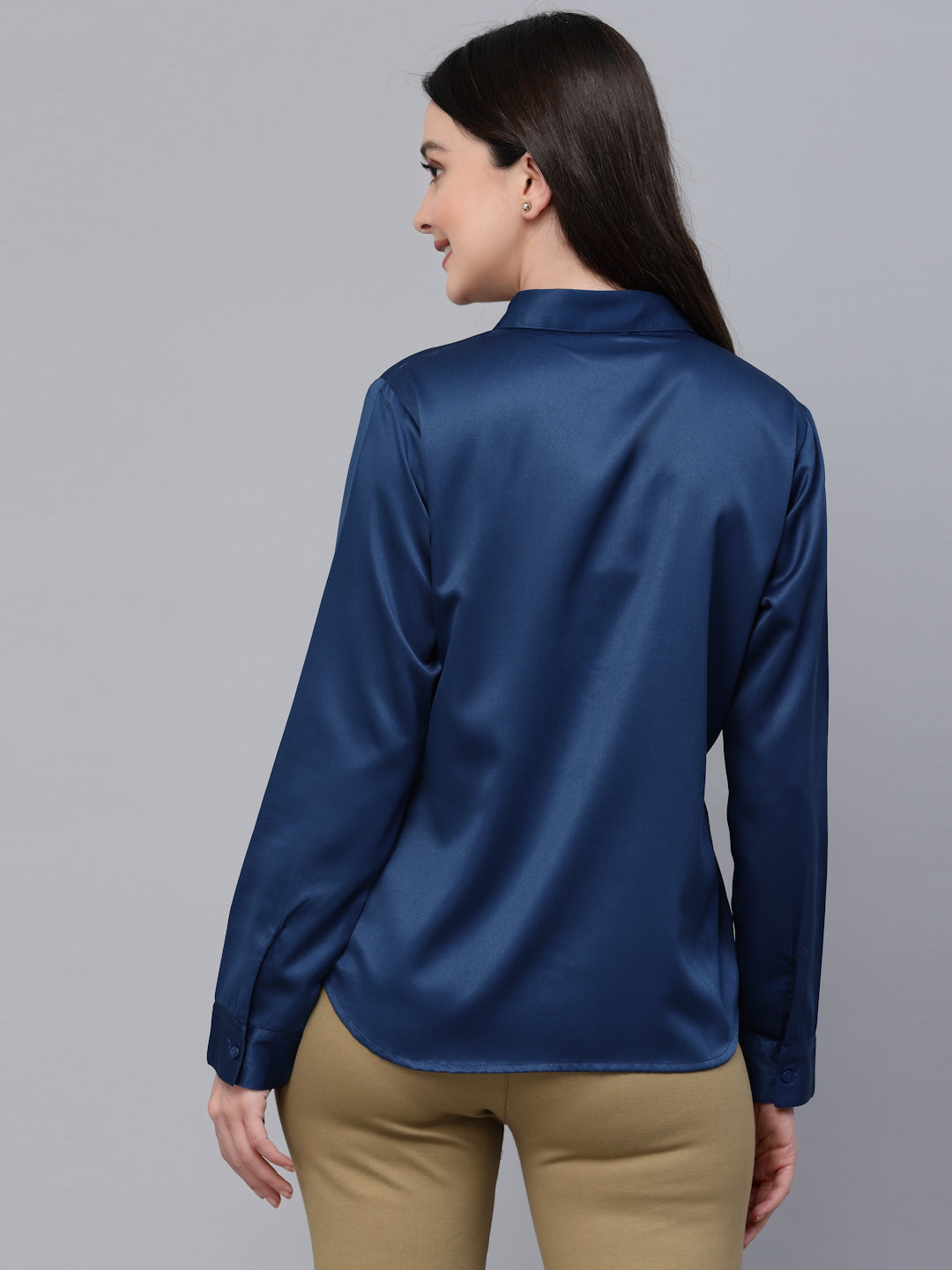 Style Quotient Women Solid Petrol Satin Formal Shirt