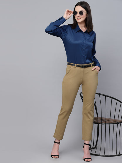 Style Quotient Women Solid Petrol Satin Formal Shirt