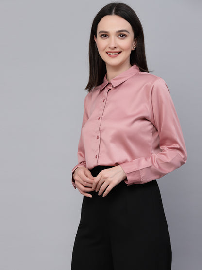 Style Quotient Women Solid Rose Satin Formal Shirt