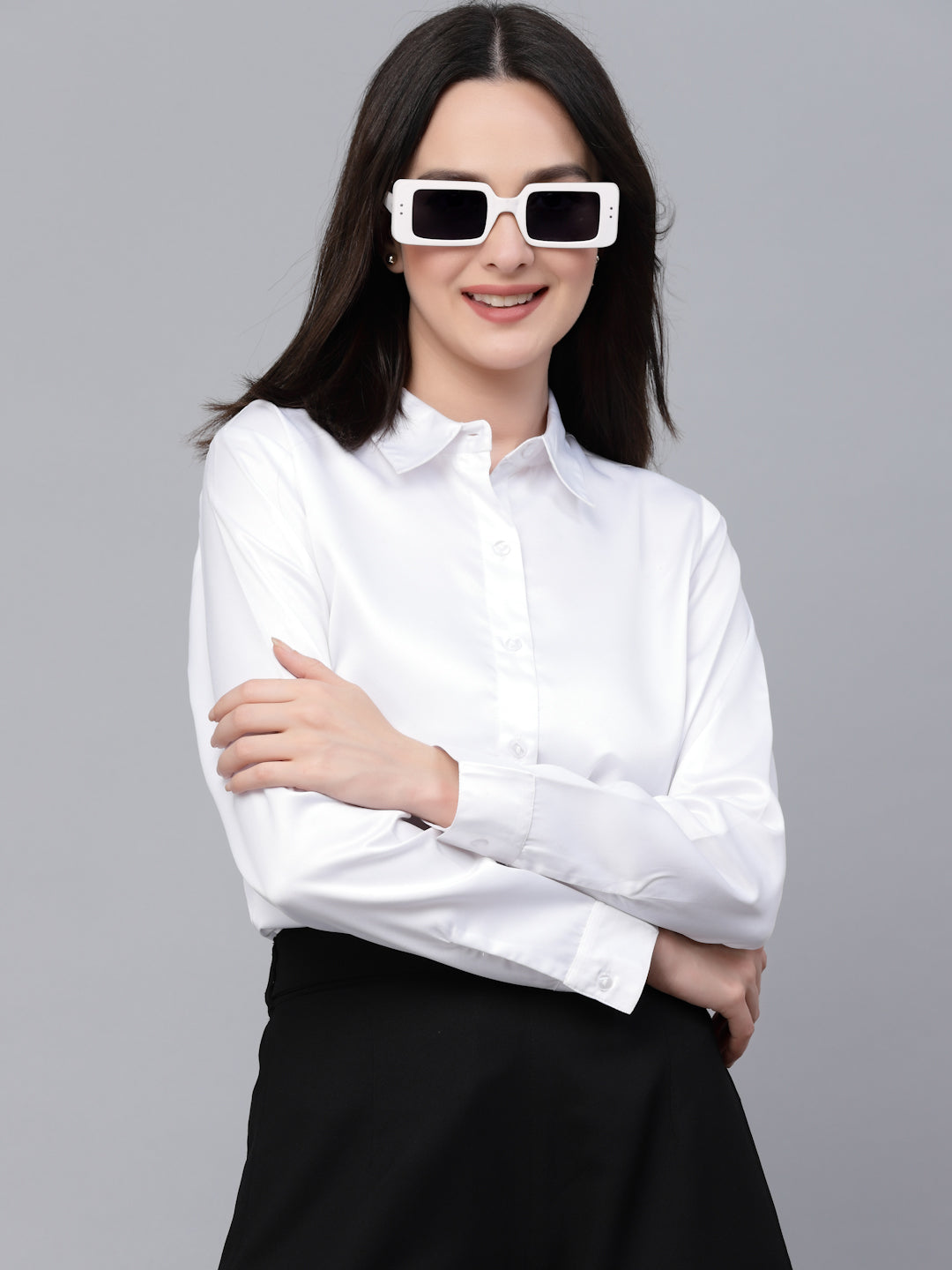 Style Quotient Women Solid White Satin Formal Shirt