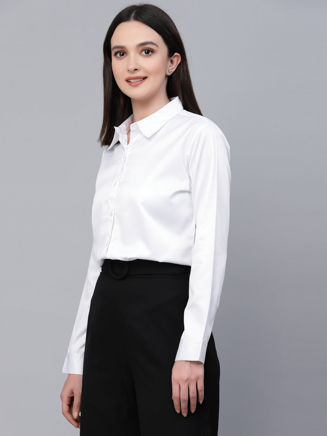 Style Quotient Women Solid White Satin Formal Shirt