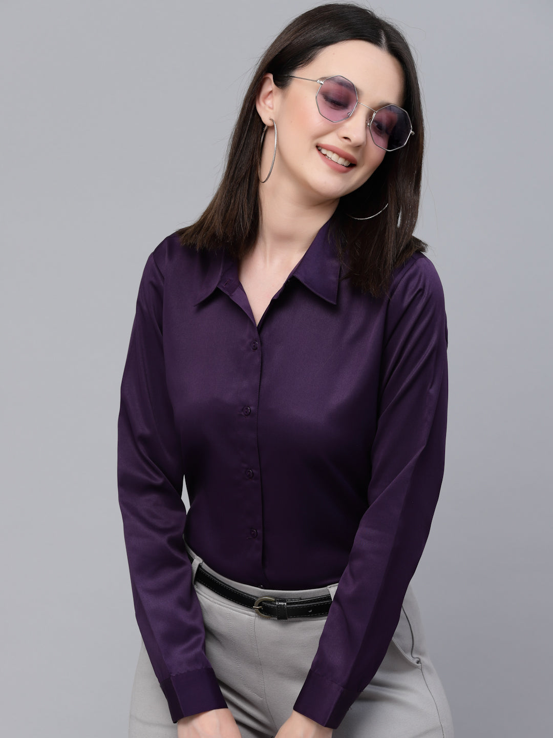 Style Quotient Women Solid Wine Satin Formal Shirt