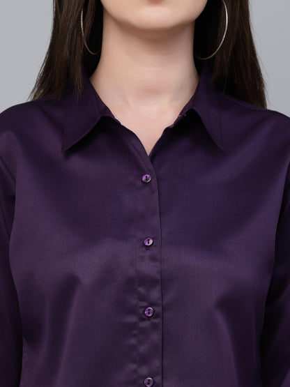 Style Quotient Women Solid Wine Satin Formal Shirt