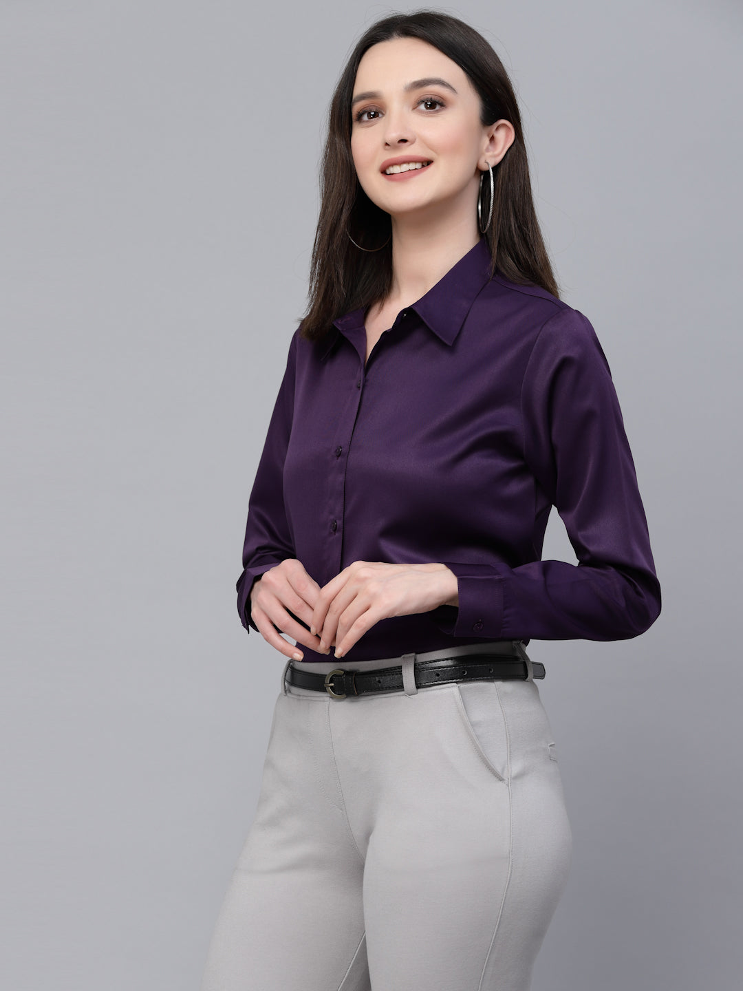 Style Quotient Women Solid Wine Satin Formal Shirt