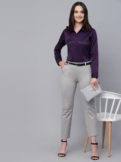 Style Quotient Women Solid Wine Satin Formal Shirt