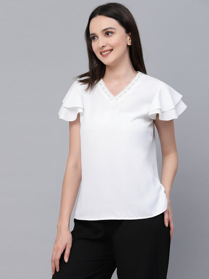 Style Quotient Women White Solid Polyester Smart Casual Top