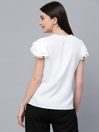 Style Quotient Women White Solid Polyester Smart Casual Top