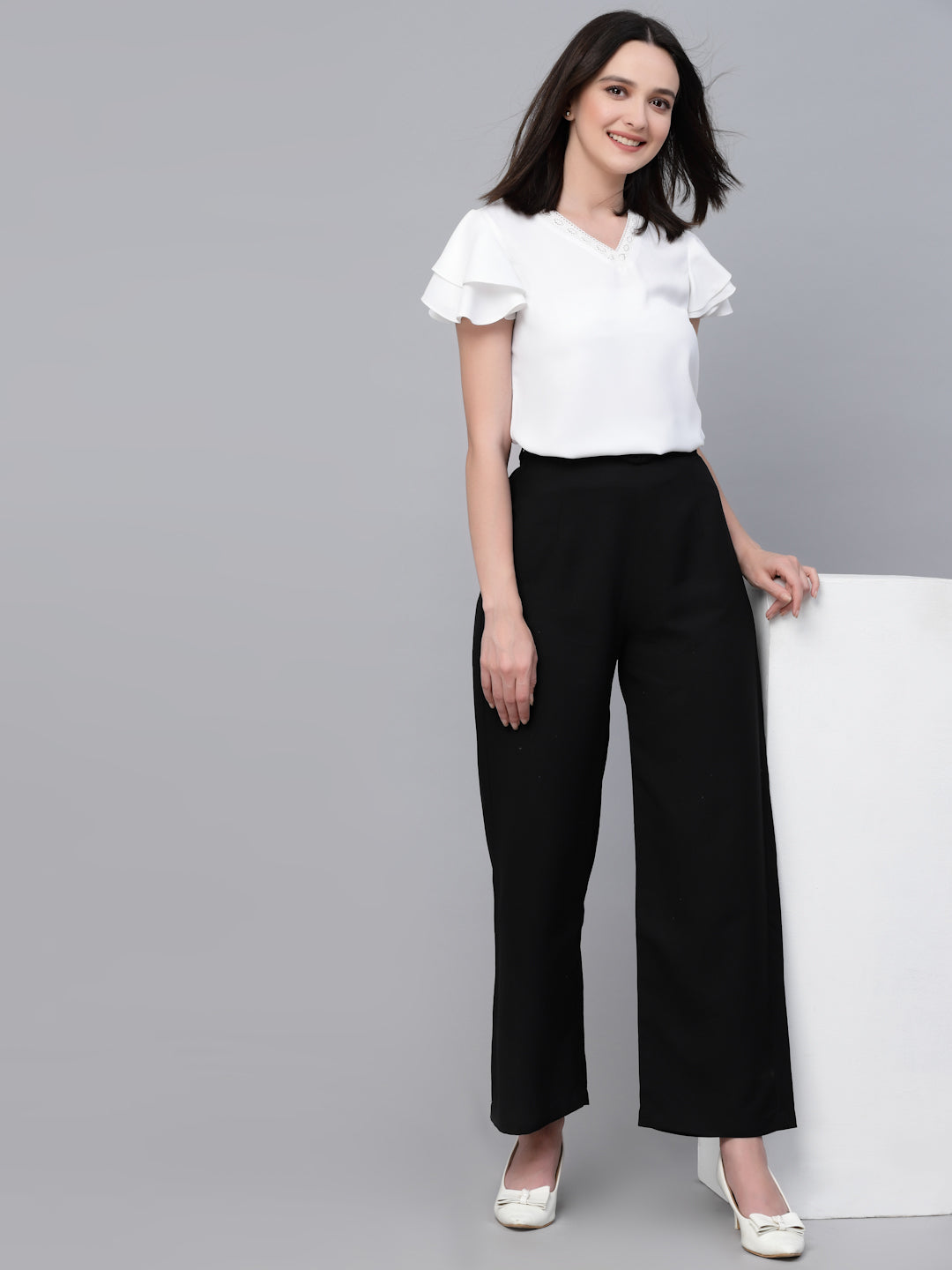 Style Quotient Women White Solid Polyester Smart Casual Top