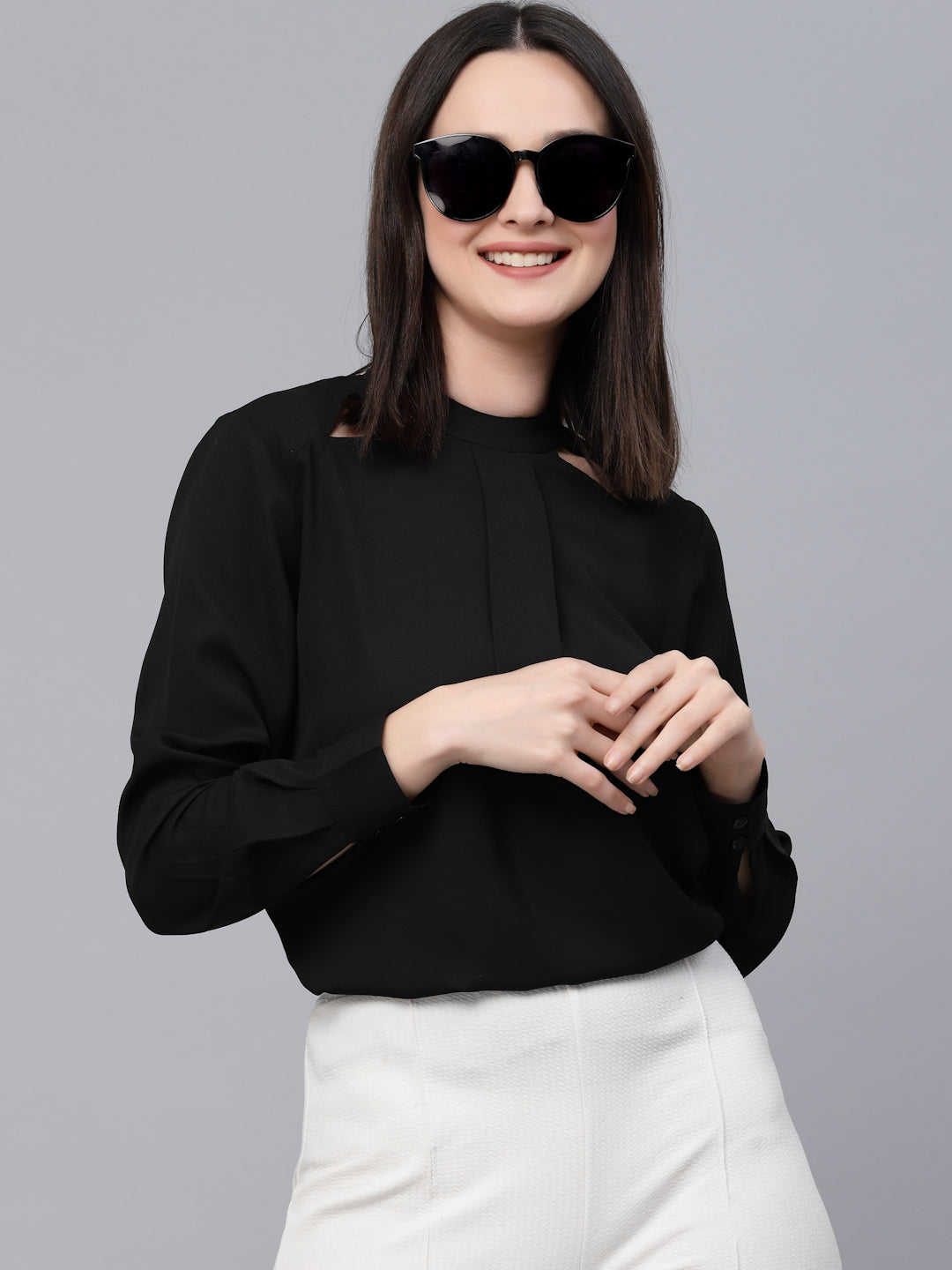 Style Quotient Women Solid Black Polyester Cutout Smart Casual Top