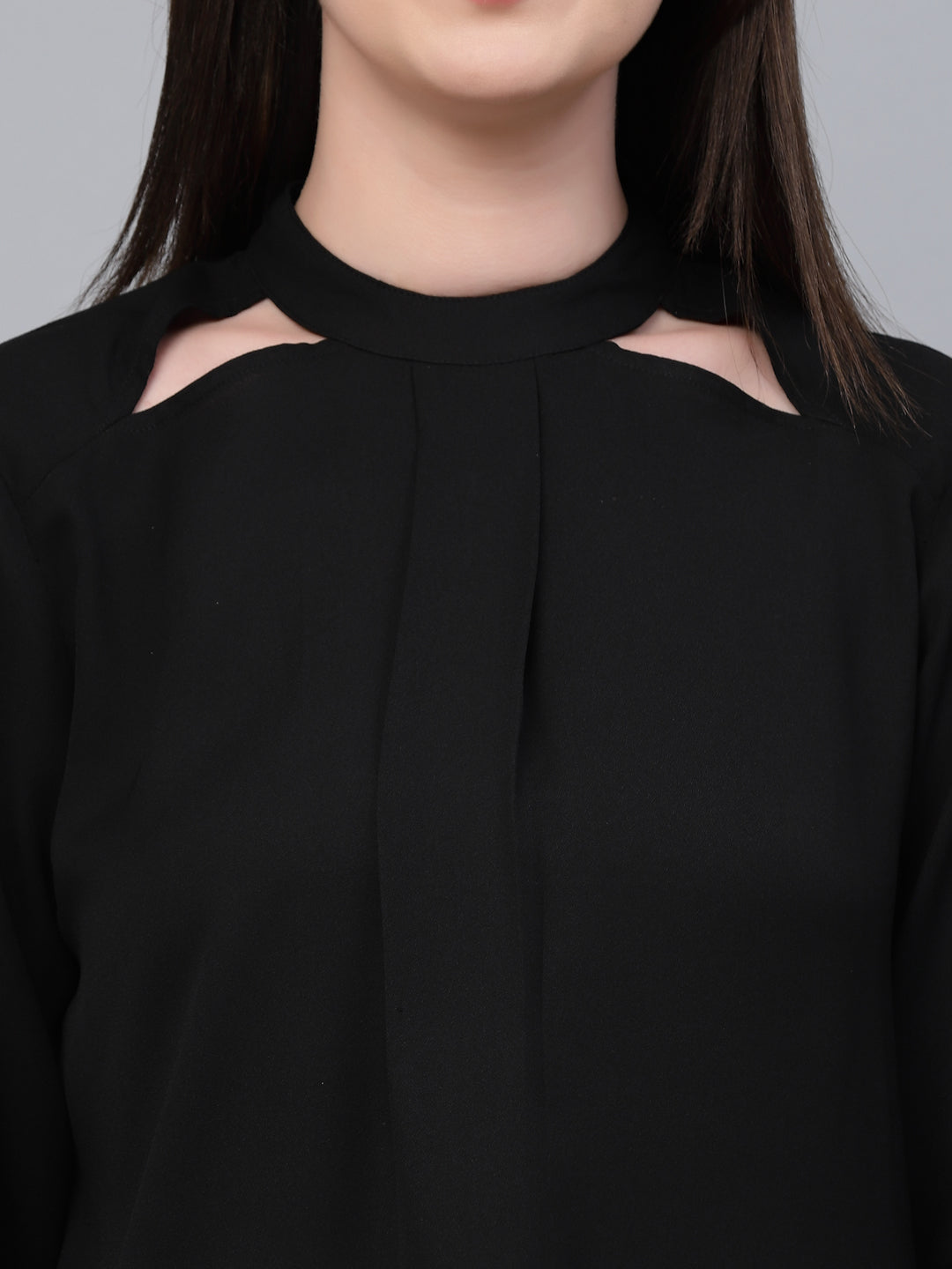 Style Quotient Women Solid Black Polyester Cutout Smart Casual Top