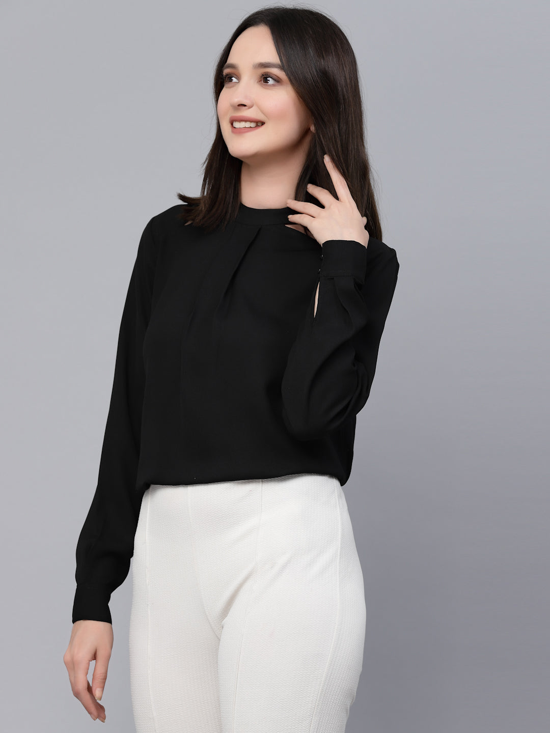 Style Quotient Women Solid Black Polyester Cutout Smart Casual Top