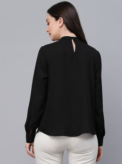 Style Quotient Women Solid Black Polyester Cutout Smart Casual Top